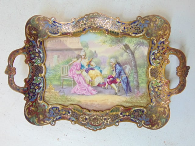 Porcelain tray in bronze cloisonne frame with handles, signed Guilloy (?), 14" by 9.5" (1 of 6)