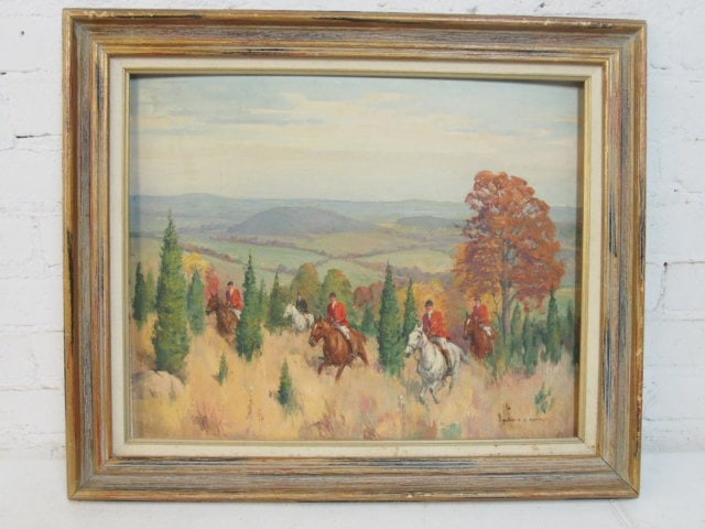 Painting, Howard L. Hastings, hunting party in hilly landscape, oil on canvas board, board is 16" by (1 of 4)