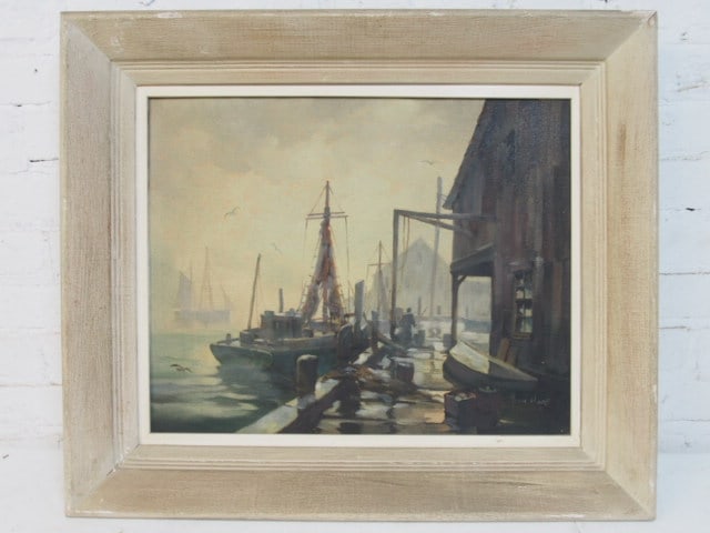 Painting, John Hare, "Fog And Rain, Gloucester", oil on canvas, canvas is 16" by 20", framed size is (1 of 6)