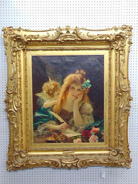 Painting, Gabriel Ferrier, woman writing letter with putti on shoulder, oil on canvas, in ornate (1 of 8)