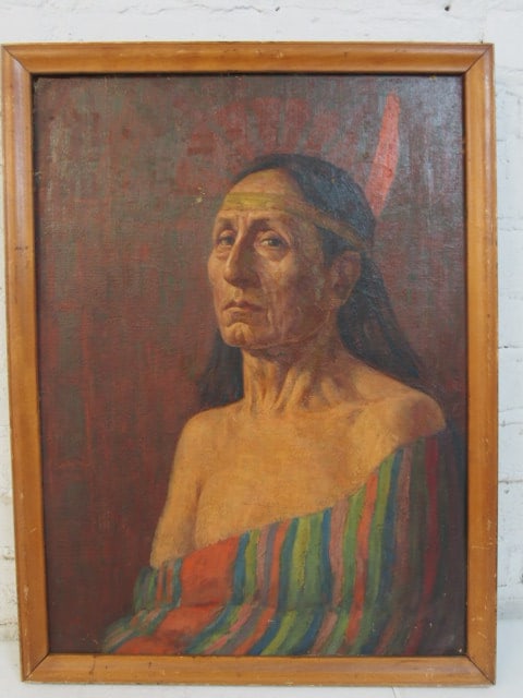 Painting, portrait Native American, oil on canvas laid down on board, canvas is 22.5" by 16.5", (1 of 4)