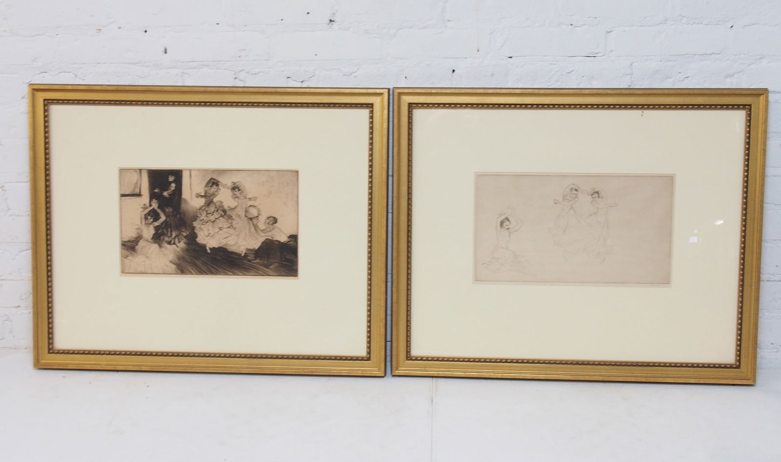 Pair of etchings, William Russell Flint, "Clatter and Whirl", 8.5" by 14" & "Clatter and Whirl": Pair of etchings, William Russell Flint, "Clatter and Whirl", 8.5" by 14" & "Clatter and Whirl" (trial Proof), 8.5" by 15", framed size is 22.25" by 27.75"