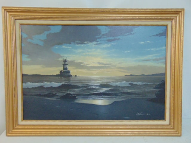 Painting, lighthouse at the shore, signed illegibly D. Hill (??), dated 1986, canvas is 24" by 36", (1 of 5)