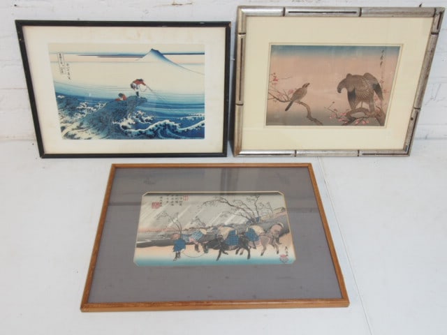 3 Japanese woodblock prints, "Rain on the Hiratsuka Plain near Kutsukake Station" by Keisai Eisen; (1 of 4)