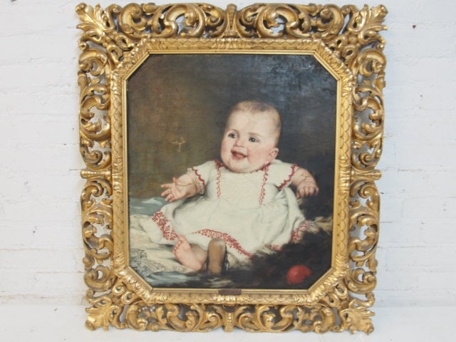 Painting, portrait baby with one show, M. Lowe (Loewe on reverse), canvas is 23" by 20", framed size (1 of 6)
