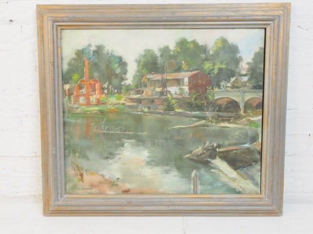 Painting, Louis Bouche, Kinderhook Mills & Mill pond, oil on canvas, canvas is 20" by 24", framed (1 of 6)