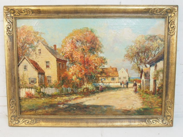 Painting, Frances H. McKay, "The Village Street", oil on canvas, gilt frame, canvas is 24" by 36",: Painting, Frances H. McKay, "The Village Street", oil on canvas, gilt frame, canvas is 24" by 36", framed size 30.25" by 42".