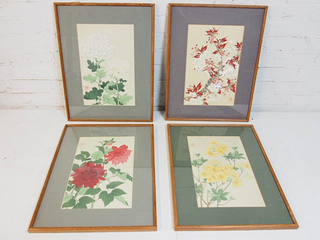 Set of 4 floral woodblock prints by Shodo Kawarazaki, each print is 14" by 9.5", framed size is (1 of 6)