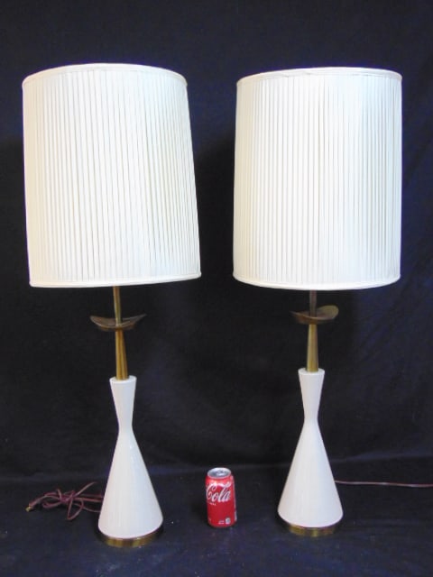 Pair Mid Century table lamps, Parzinger for Stiffel white glazed ceramic & brass bases, linen (1 of 8)
