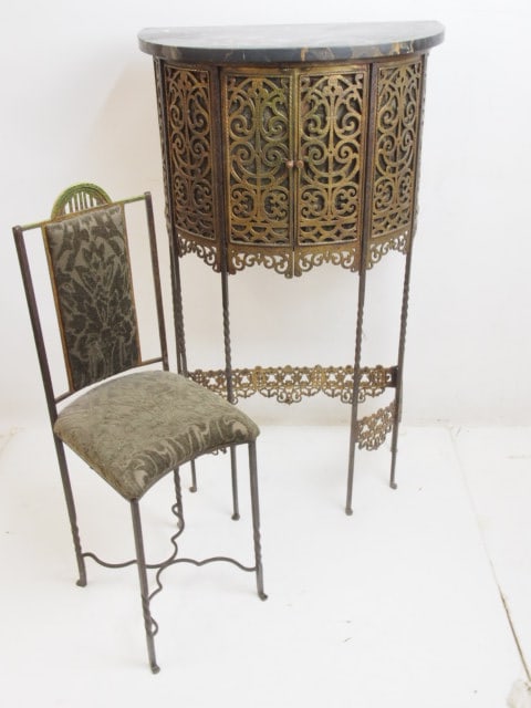 Oscar Boch demi lune telephone stand with marble top & chair, cabinet is 23.5" wide, 13.5" deep, (1 of 5)