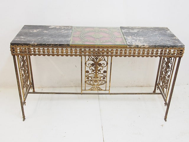 Oscar Boch brass, marble top console table with decorative brass center, base decorated with flower (1 of 8)
