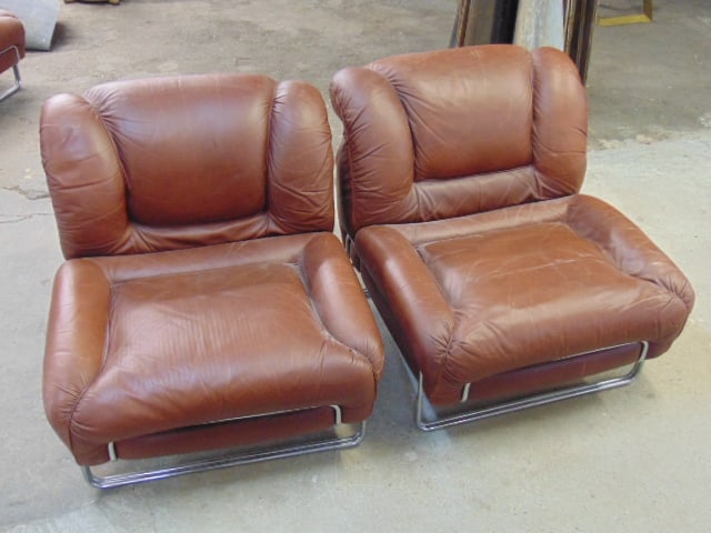 Pair Poltrona Frau style mid Century leather & chrome chairs, light brown leather, chairs are 29.5" (1 of 5)