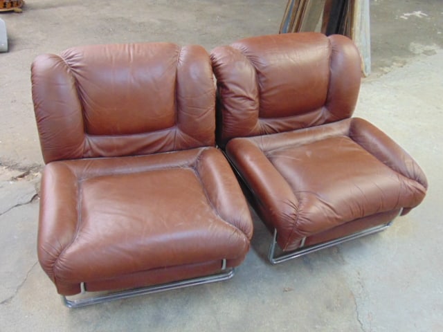 Pair Poltrona Frau style mid Century leather & chrome chairs, light brown leather, chairs are 29.5" (1 of 5)
