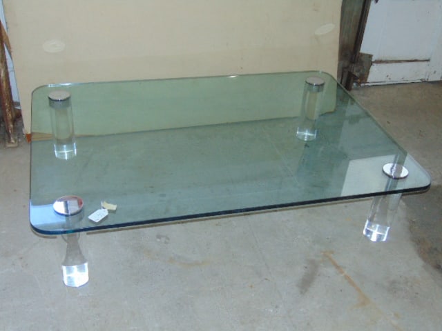 Glass top mid Century coffee or cocktail table on Lucite legs, table is 42" by 60", height is 13.25" (1 of 4)