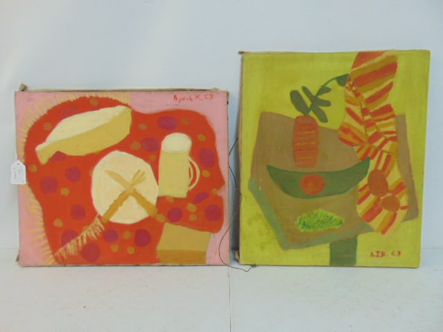 Pair paintings, still-lives, signed April K. 1963, oil on canvas, 20" by 24" each. (1 of 5)