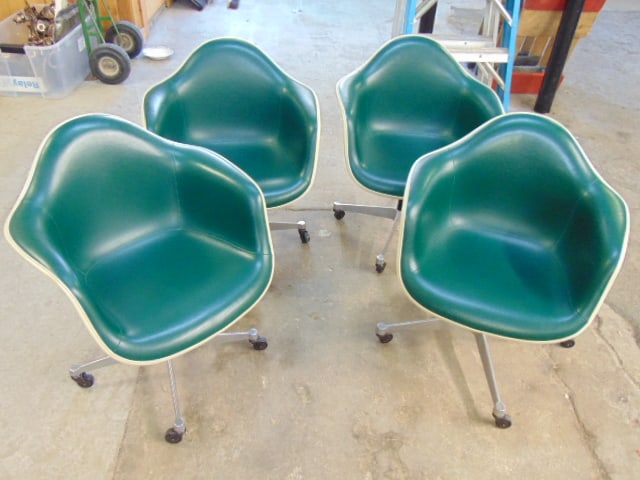 Set 4 Herman Miller fiber shell swivel arm chairs, green vinyl seat & back (1 of 5)