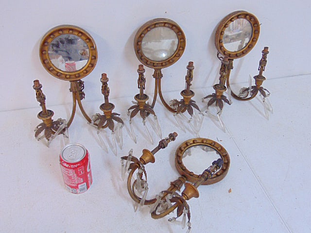 Set 4 antique brass wall sconces, mirrored back, double arm with hanging crystals, backs are: Set 4 antique brass wall sconces, mirrored back, double arm with hanging crystals, backs are miniature convex mirrors, each sconce is 11.5" tall, 10" wide, mirrors are 5 5/8" in diameter, some crystal