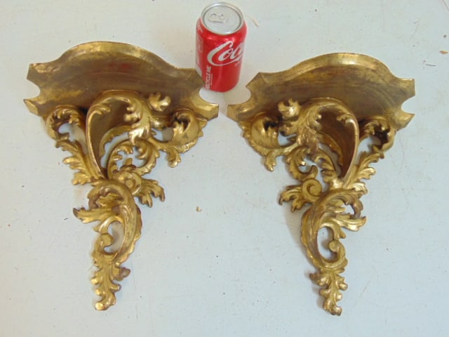 Pair carved gilt wood wall shelves, 10.25" wide, 5.75" deep, height is 10 5/8" (1 of 4)
