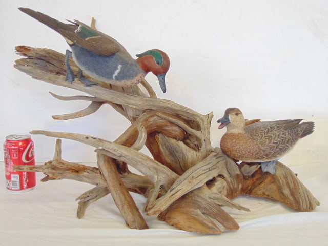 John Potts dusk carving, "Prime Plumage", two carved & painted ducks on driftwood, base, carved for (1 of 8)