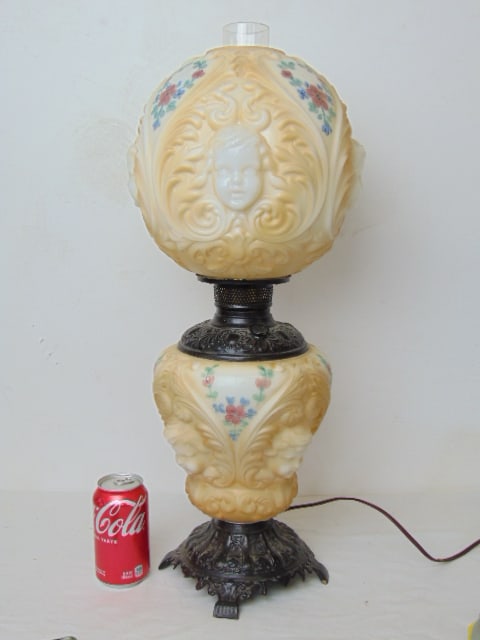 Gone with the Wind lamp, electrified, embossed with cherub faces with floral detail, lamp is 25" (1 of 5)