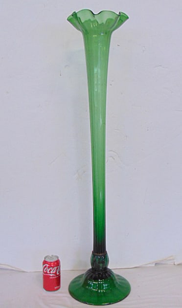 Large green glass trumpet vase on glass base, two pieces, vase is 38.25" tall, in good condition. (1 of 4)