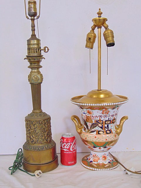 Two table lamps, Spode style urn form lamp & brass column lamp with pressed decorations, 24.5" & 36" (1 of 7)