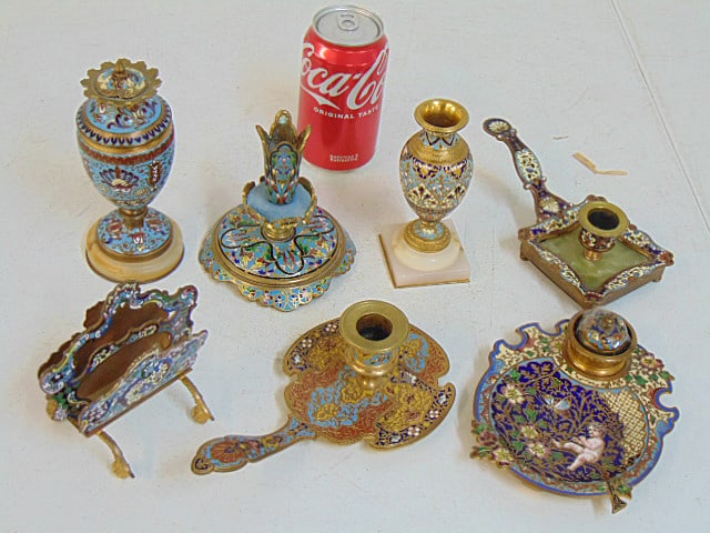 7 enameled cloisonne pieces, 2 candle holders, 2 small vases, miniature magazine holder, inkwell (1 of 5)