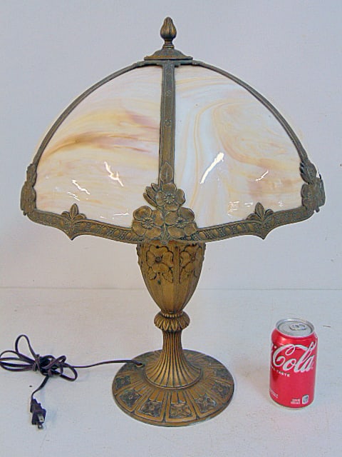 Table lamp by Miller with slag glass panel shade, signed, shade is 16" in diameter, 21.5" tall, good (1 of 6)