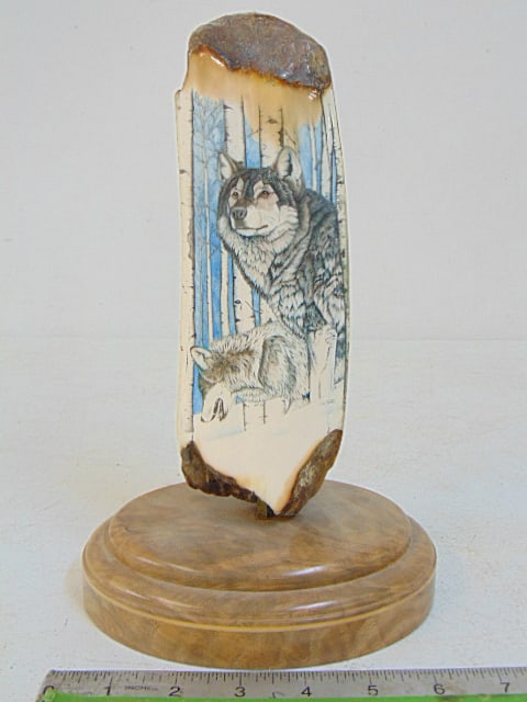 Inuit carving, wolves, signed Craig Stevens, on wood base, 10.5" tall. (1 of 5)