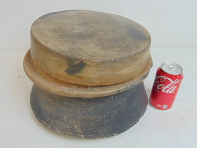 Early earthenware lidded cooking pot, 12" diameter, height is 9" (1 of 4)