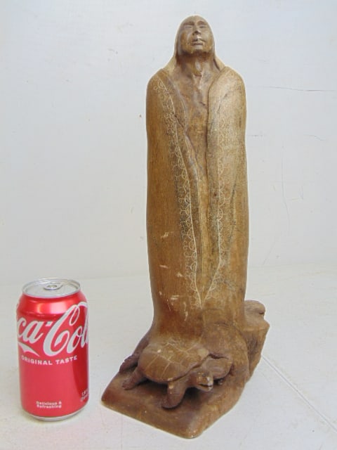 Stone carving, Native American figure on turtle, signed Chris Kurtauly (??), 1993, Turtle island, (1 of 4)