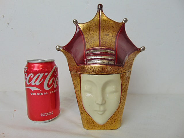 RobJ ceramic art deco bonbonniere, candy jar, in red, gold & ivory, two tip finials on cap has been (1 of 6)