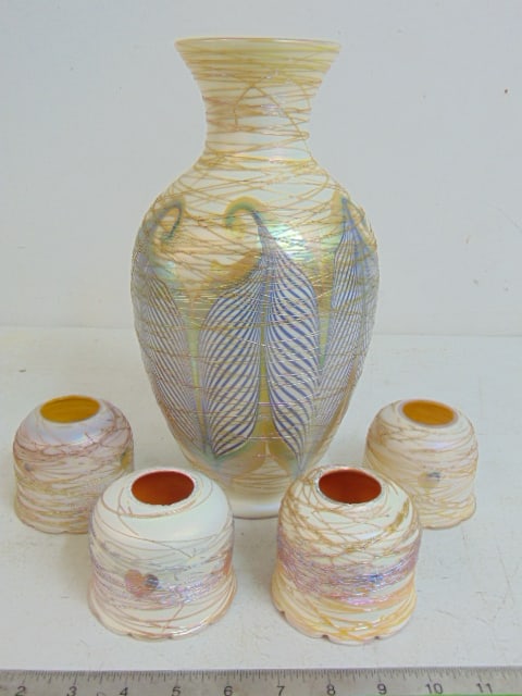 Quezal art glass lamp base & 4 small shades, in ivory with applied glass decoration, base is 12 1/8" (1 of 10)
