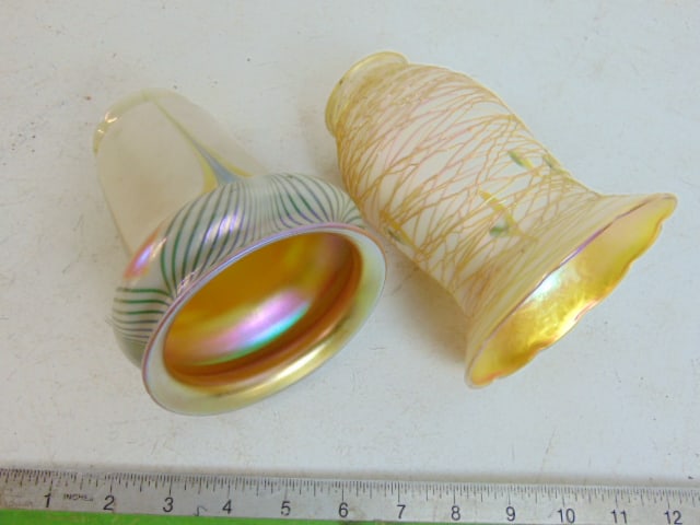 2 art glass shades, Quezal & Steuben, 2.25", both in good condition, gold iridescent interior.: 2 art glass shades, Quezal & Steuben, 2.25", both in good condition, gold iridescent interior.