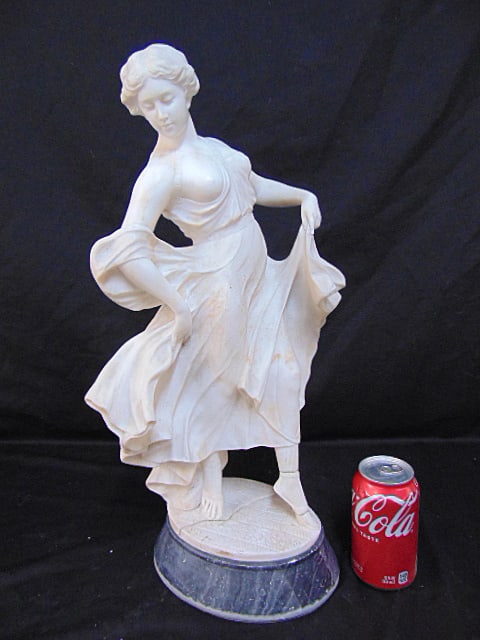 Carved marble statue, woman in dress, broken at base, 21" tall. (1 of 8)