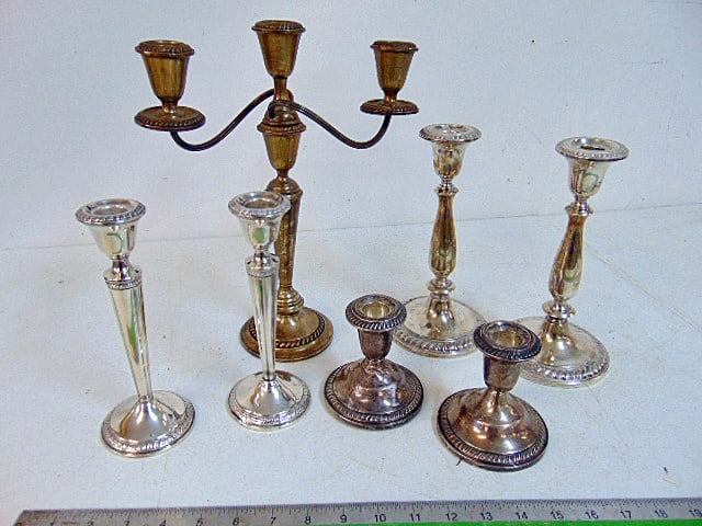Lot weighted sterling candle holders, 3 pairs & one single candelabra (1 of 3)