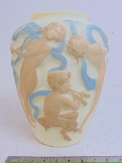 Phoenix Consolidated art glass vase, decorated with nude dancing figures, blue highlights, vase is: Phoenix Consolidated art glass vase, decorated with nude dancing figures, blue highlights, vase is 11.75" tall, in good condition.