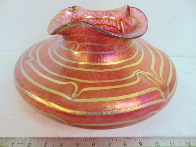 Loetz art glass vase or bowl, in iridescent pink with gilt swirl decoration, vase is 14" wide , (1 of 5)