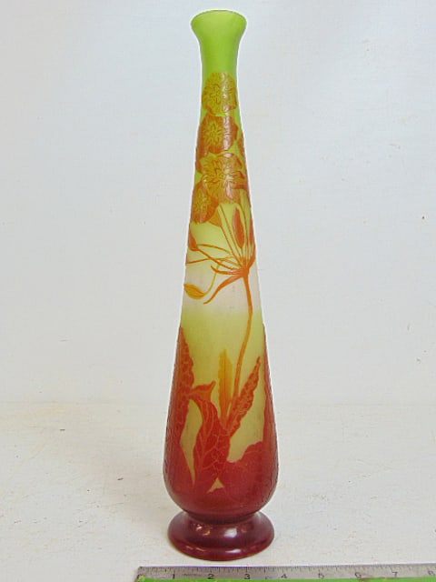 Tall Emile Galle cameo glass vase in yellow & orange with floral decoration, vase is 16" tall, in (1 of 9)