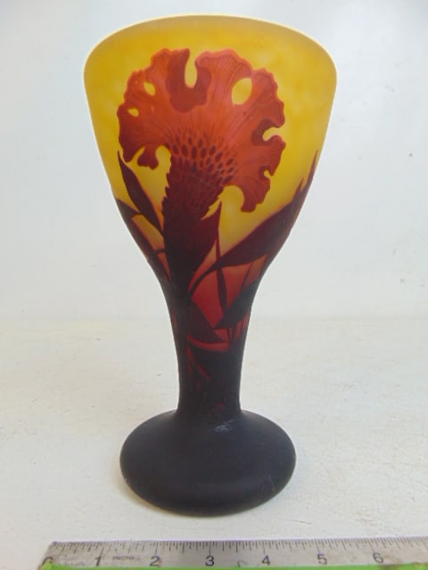 Daum Nancy Cameo glass vase with floral decoration, in red / yellow, vase is 10" tall, 5 5/8" wide, (1 of 7)