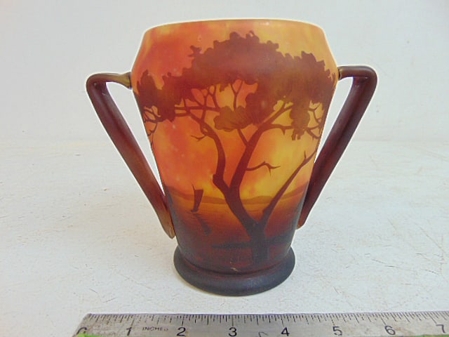 Daum Nancy Cameo glass vase with tree decorations, with handles, vase is 6" tall, 6.75" wide (incl. (1 of 6)