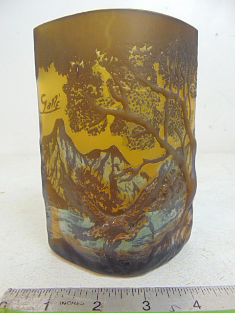 Galle art glass vase with mountain landscape, watermill & raised tree detail, 4 3/8" by 3 1/8", (1 of 7)