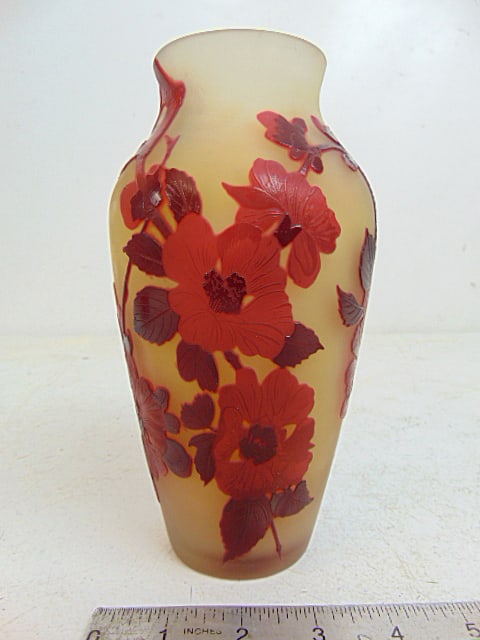 Emile Galle cameo glass vase with red floral decorations, vase is 7 7/8" tall, in good condition. (1 of 8)