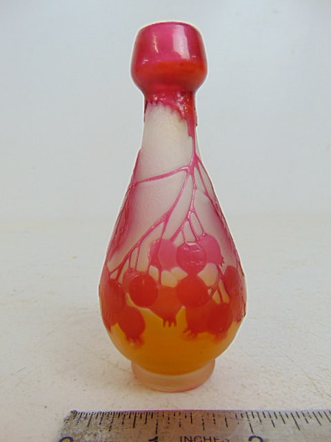 Small Galle cabinet vase in red orange with berries & leaves decorations, height is 4 5/8", in good (1 of 6)