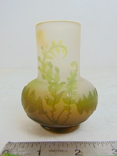 Small Galle art glass vase with fern decoration, 3 5/8" tall, diameter is 2.75", good condition (1 of 6)