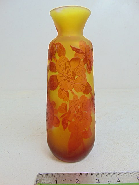 Emile Galle cameo glass vase in yellow with red floral decoration, height is 8.25", in good (1 of 7)