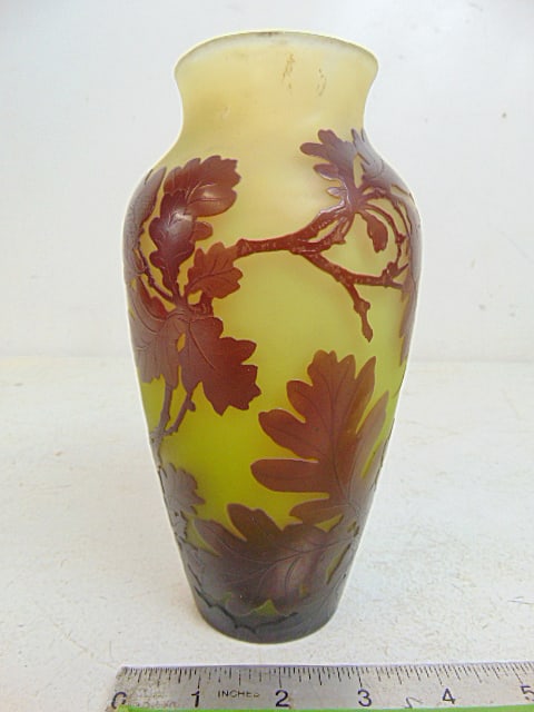 Emile Galle cameo glass vase in green with red brown oak leaf decorations, signed, height is 7 5/8", (1 of 7)
