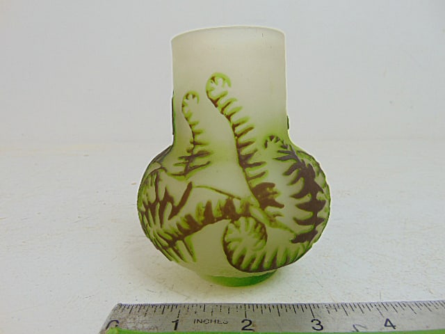 Small Galle art glass vase with fern decoration, 4.25" tall, diameter is 3.5", good condition (1 of 4)