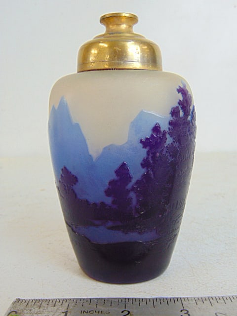 Emile Galle cameo glass perfume bottle in purple & blue with landscape decoration, height is 5.5",: Emile Galle cameo glass perfume bottle in purple & blue with landscape decoration, height is 5.5", in good condition,