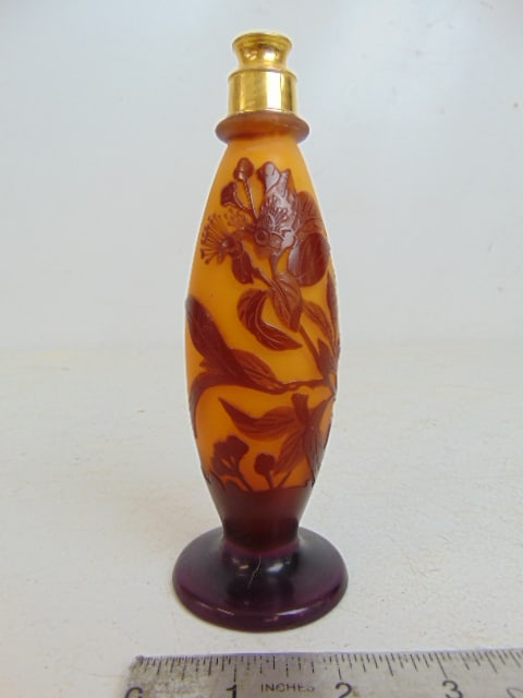 Emile Galle cameo glass perfume bottle, in orange with floral decoration, height is 6.5" (1 of 5)